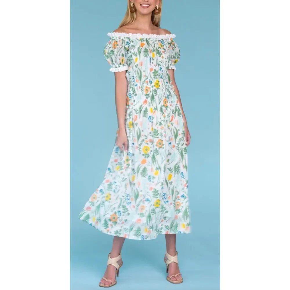 Olivia James The Label Josie Off The Shoulder Floral Puff Sleeve Midi Dress - Picture 2 of 11